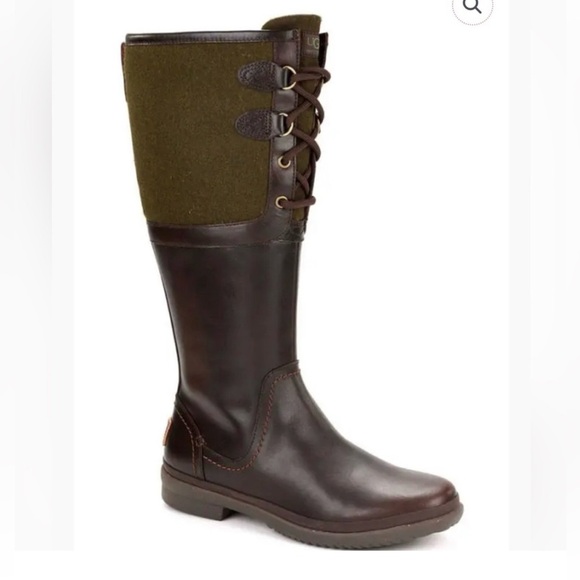 UGG Shoes - UGG Elsa Waterproof Tall Riding Boots in Stout Leather Green Wool Womens 8.5